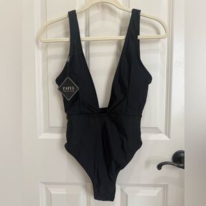 NEW Zaful‎ Black One Piece Swimsuit Plunging V-Neck High Cut